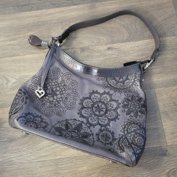 Brighton Handbags - Black/ Brown Floral Leather Brighton Shoulder Bag